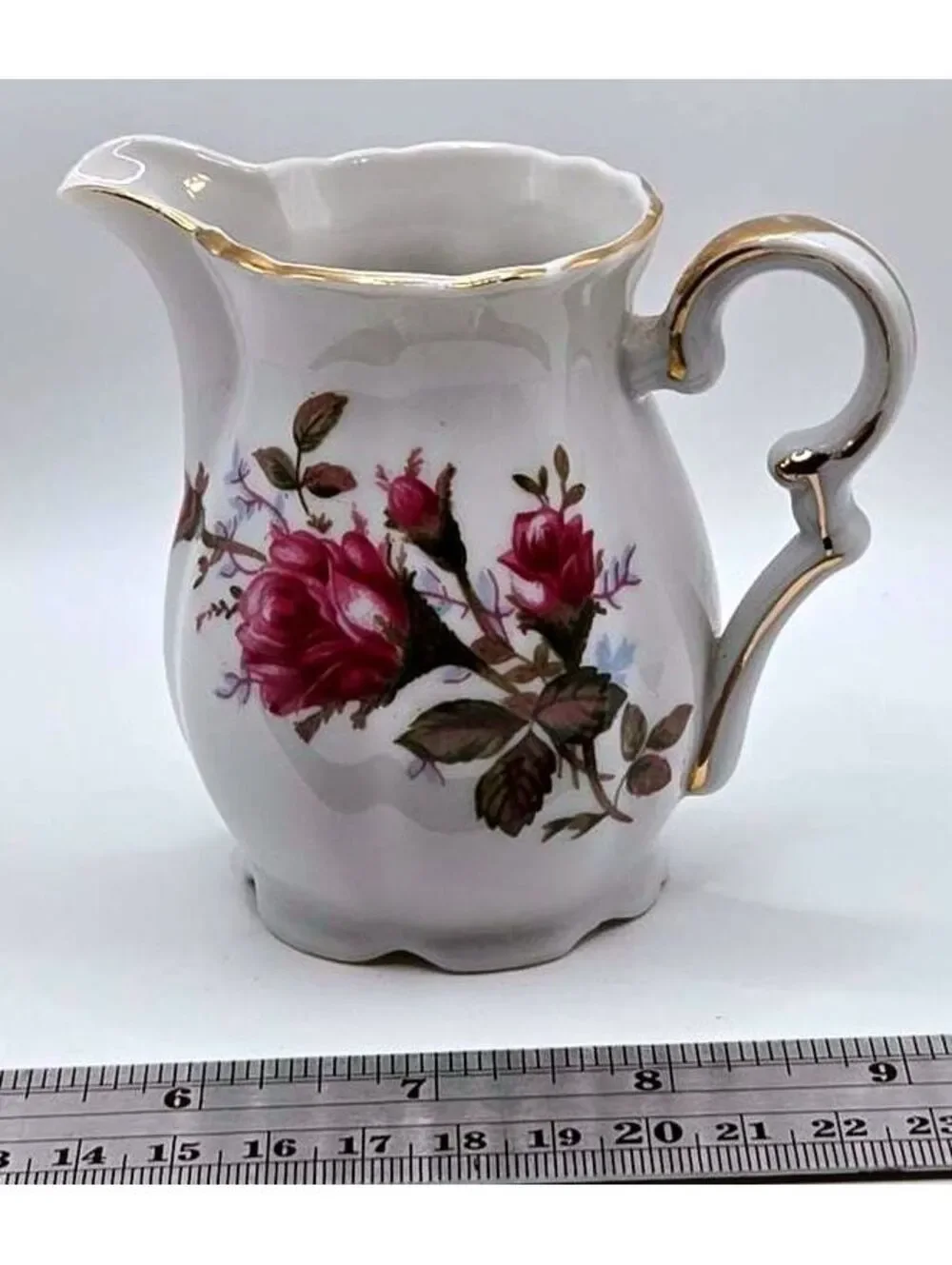 Vintage Japanese Fine Porcelain Moss Rose Floral Creamer with Gold Trim